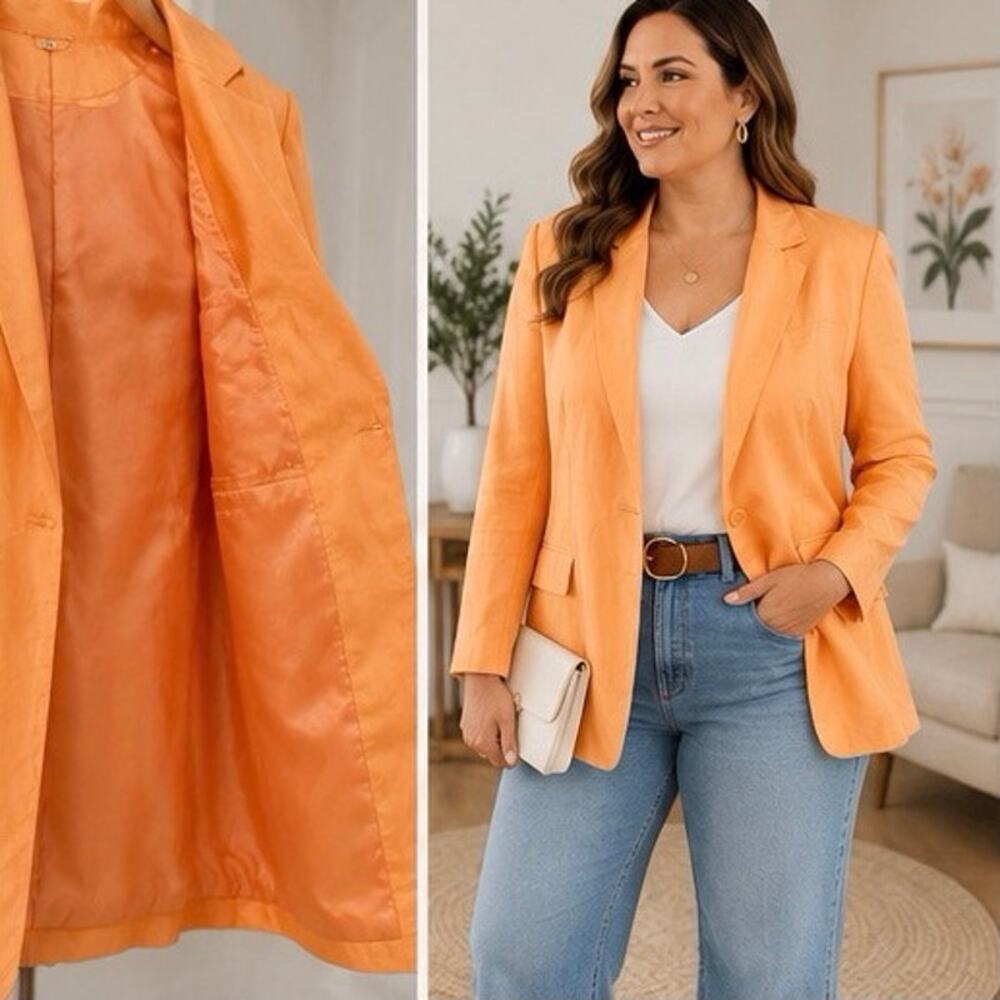 Ann Mali Lifestyle 100% Silk Blazer Size 14 Peach Orange Single Button Jacket